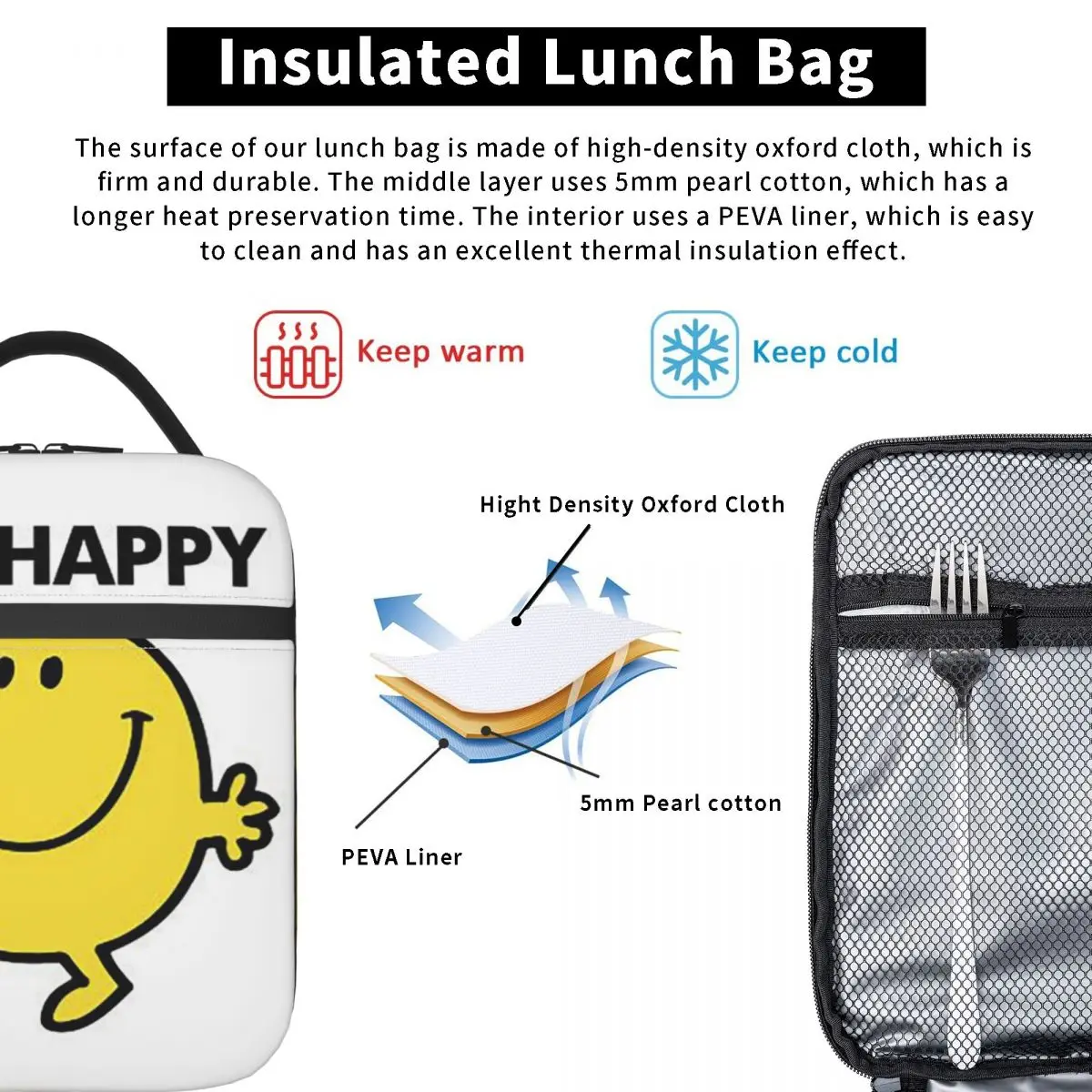 Mr. Men Cute Little Miss Popular Insulated Lunch Bag for Women Children Leakproof Food Boxes Thermal Lunch Box Tote