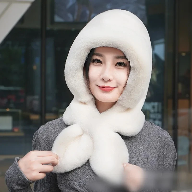 Women Winter Hood Beanies Thick Plush Scarf Hat Set Outdoor Ski Windproof Warm Headgear Solid Fluffy Fur Female Earmuffs Cap