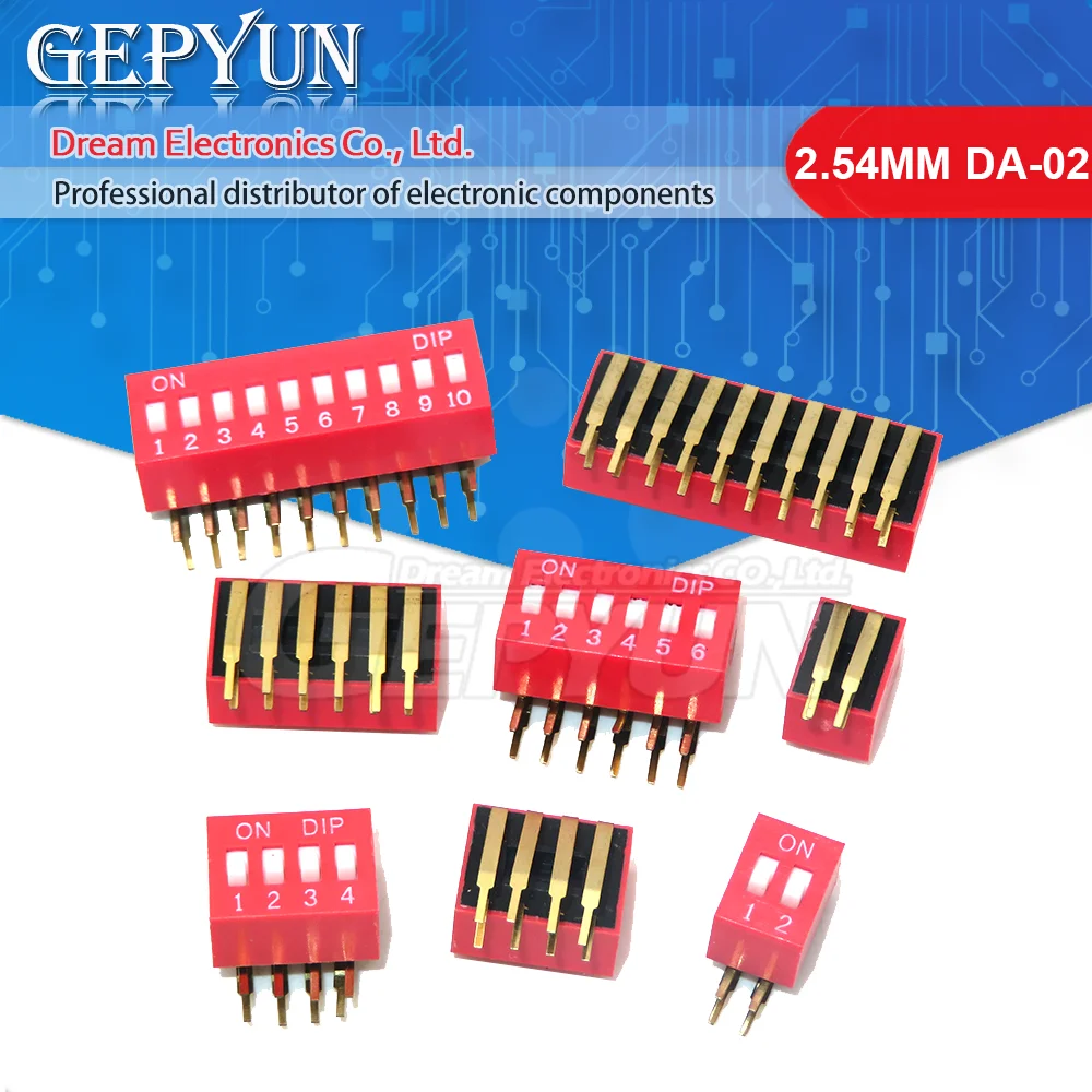 5PCS DIP Switch 2.54MM DA-02 1/2/3/4/5/6/8/10P Horizontal Dial 90 Degrees Plug-in Side Insert Bent Foot Switch New