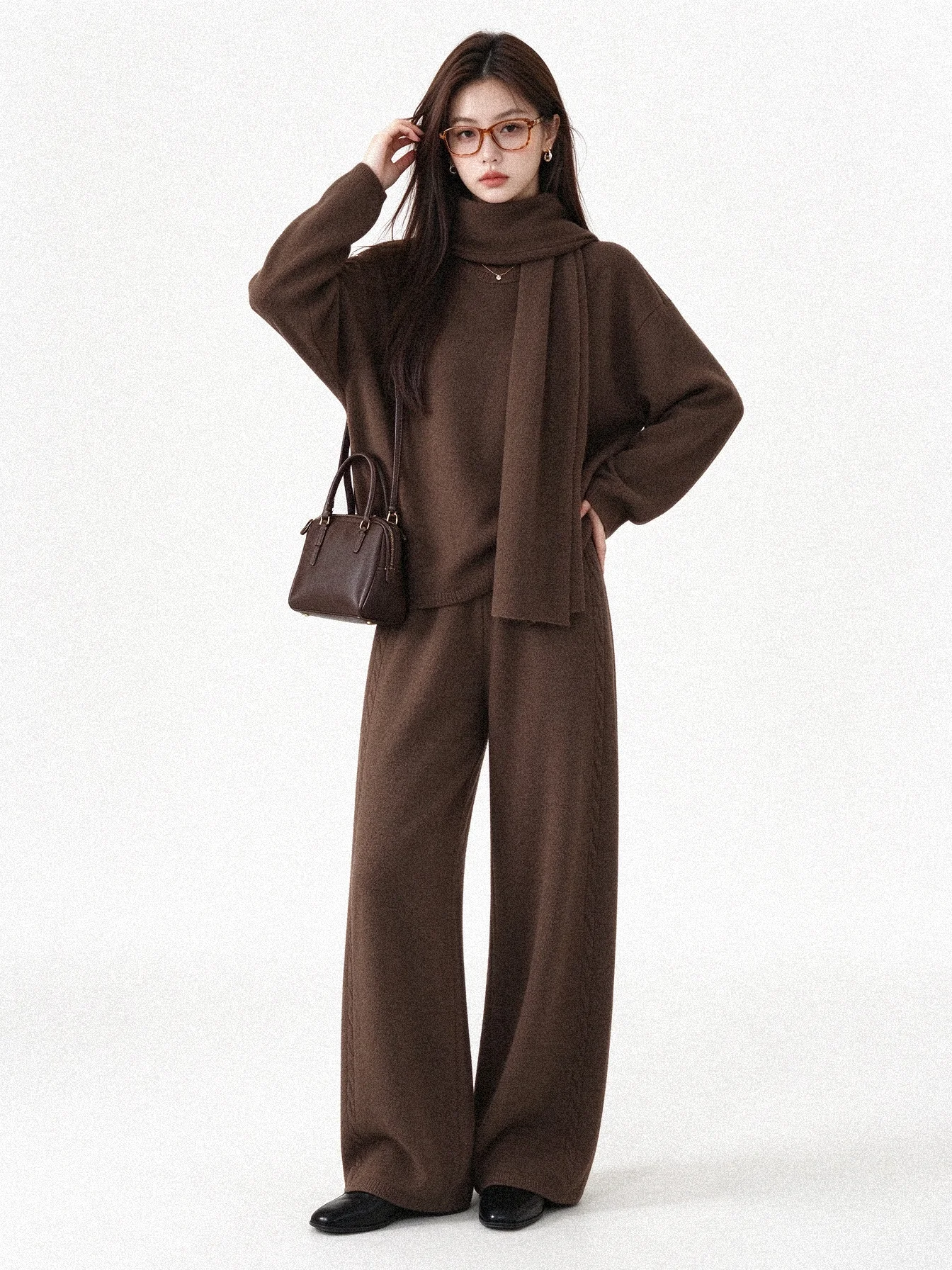 Casual Knitted Sweater High Waist Wide Leg Pants Two Piece Set Autumn Winter Design Slimming Korean Style Lazy Breathable