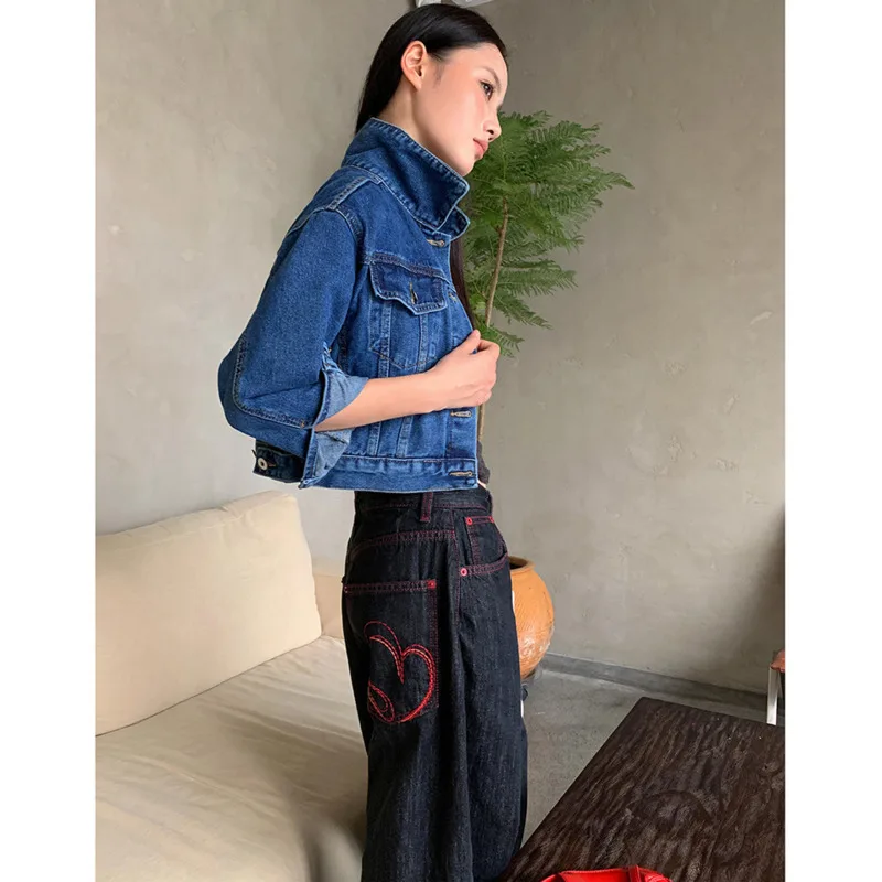 Love Embroidery Jeans Women Autumn Winter Retro Heart Embroidered Old Street Red Black Pocket Casual Loose High Waist Pants New