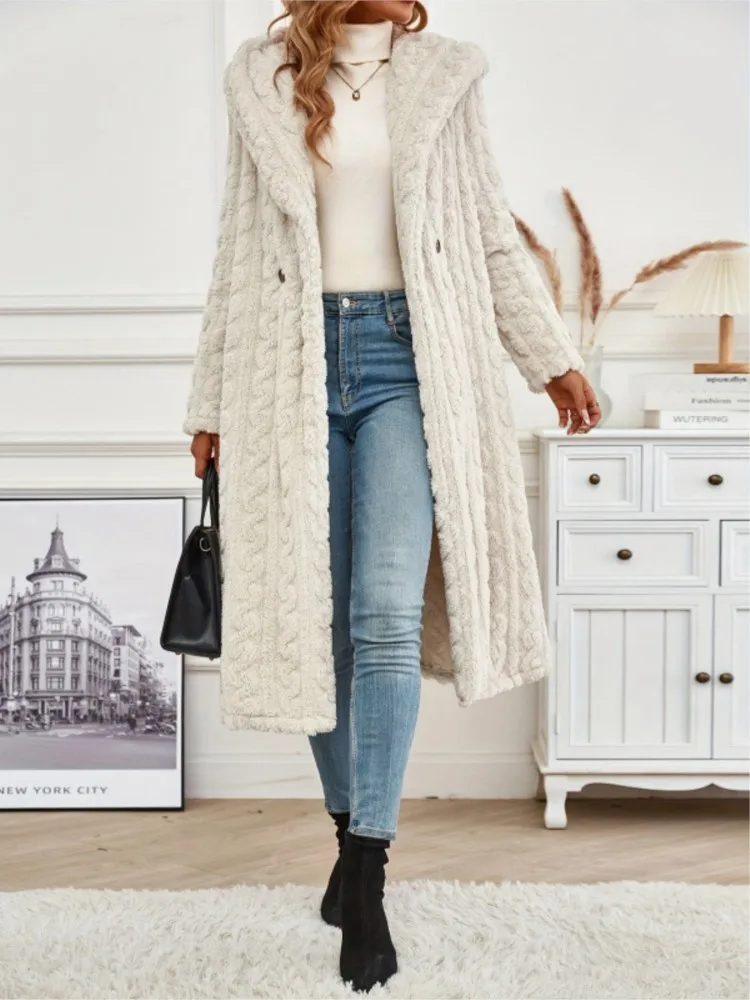 Autumn And Winter Fashion Long Hooded Tweed Coat Women's Fashion Casual Commuting Double-breasted Solid Color Long-sleeved Top
