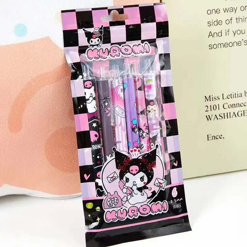 Sanrio Kuromi Gel Conjunto Canetas, Kawaii bonito, Imprensa Gel Pen, Escola dos desenhos animados, Olá Kitty Estudante Papelaria Suprimentos, Presente, 0.5mm, 6pcs por conjunto