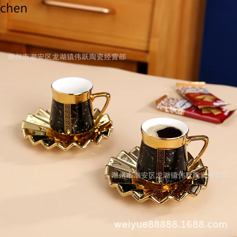 HXL Coffee Cup and Saucer Creative Ceramic Set Electroplated Mug and Saucer Gift 6