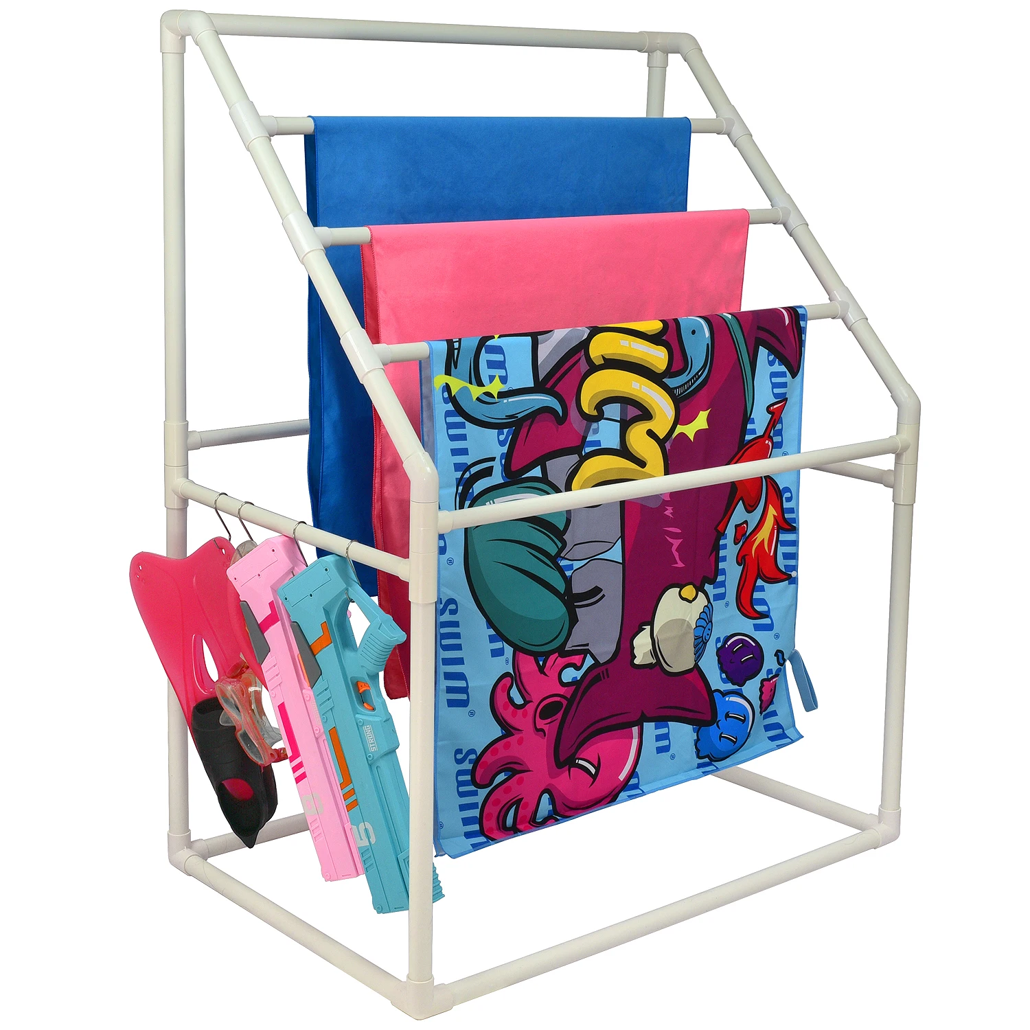 

Heavy Duty Vertical Poolside Pipe Towel Rack PVC Outdoor Pool Beach Towel Rack Shelf