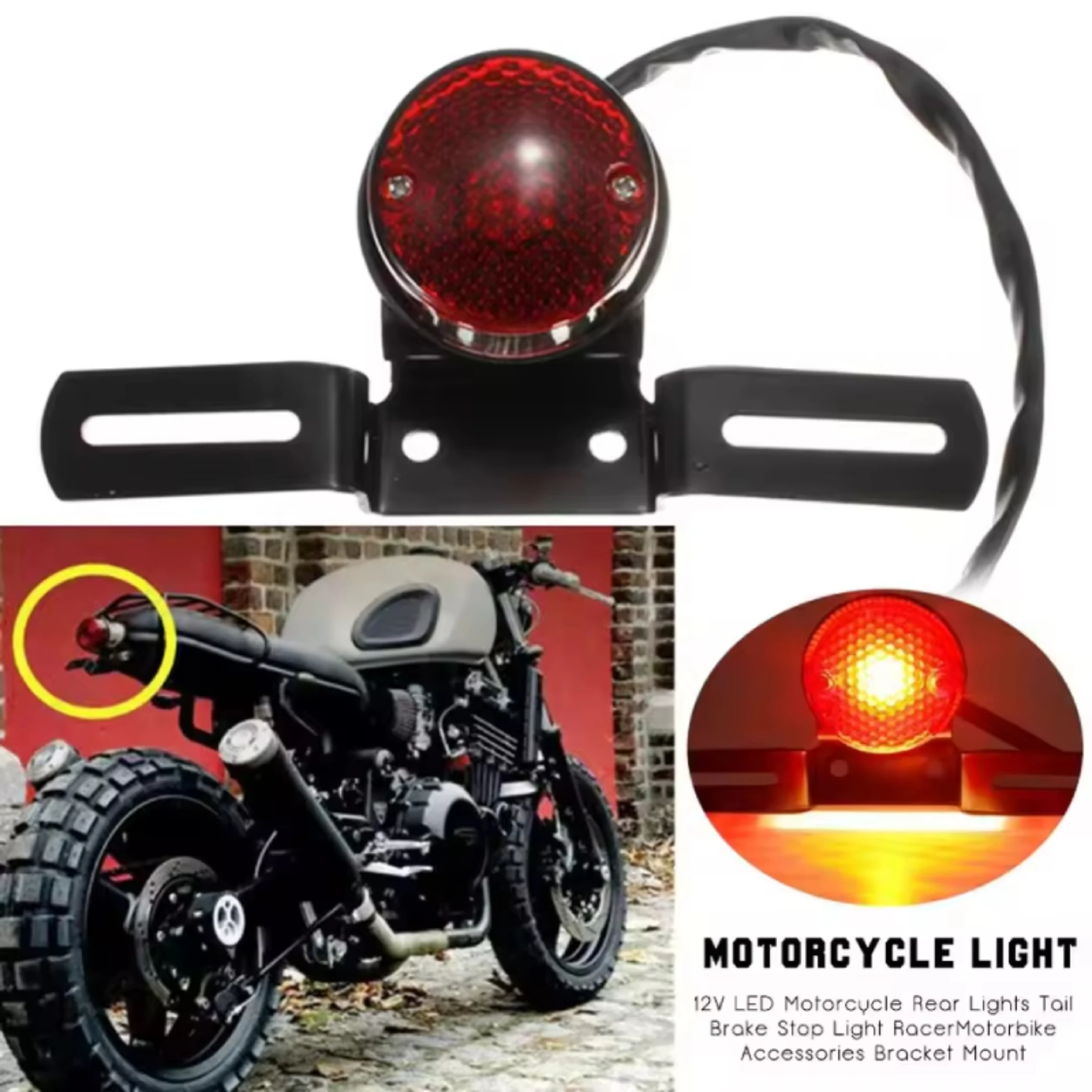 For Harley Honda Suzuki Chopper Bobber Motorcycle Retro Red Rear Tail Brake Stop Light Lamp W/ License Plate Mount