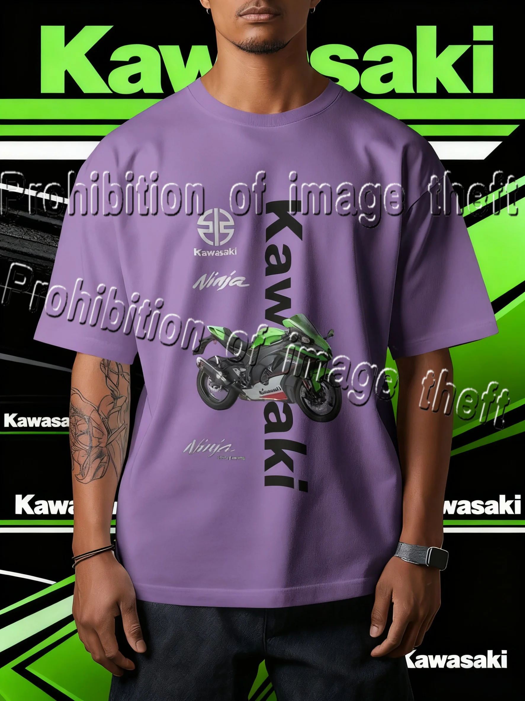 

Kawasaki MOTO Themed Short Sleeved Running Fitness Hiking Short Sleeved Motorcycle Riding, Men's and Women's Versatile T-shirt