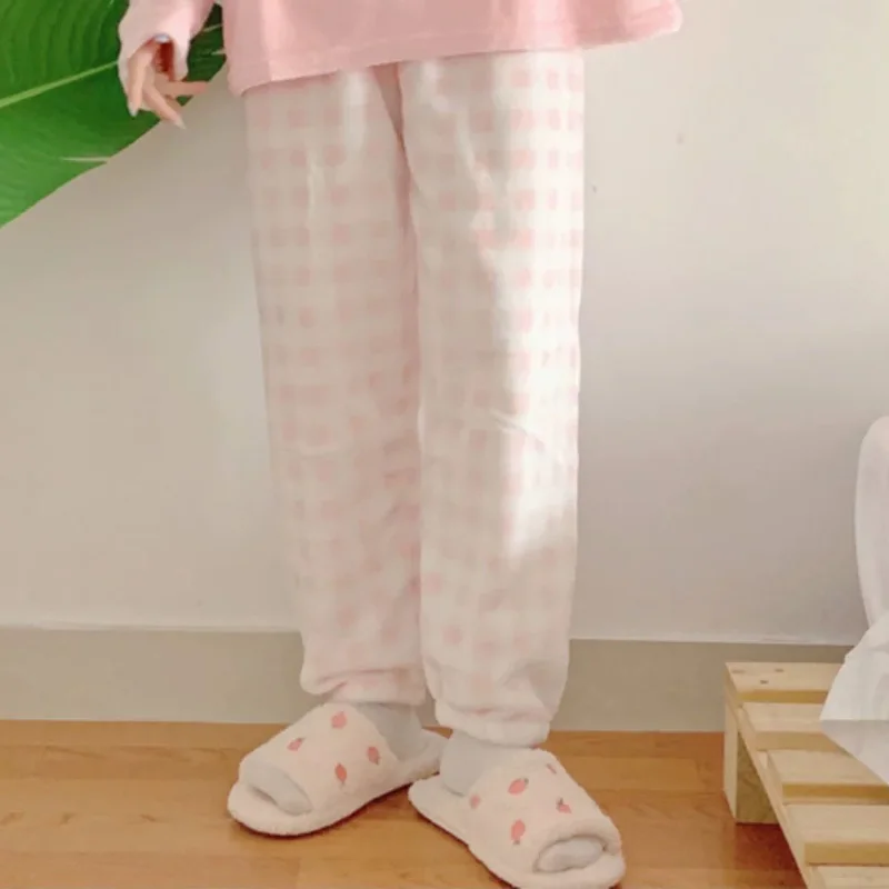 Pink Plaid Pajama Jogger Pants For Women Winter Warm PJ Pants Fluffy Flannel Trousers Korean Girl Sweet Cute Homewear Sleepwear