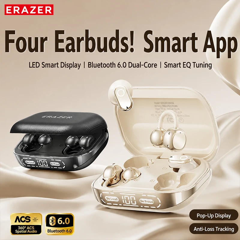 Écouteurs Bluetooth Erazer EX216 Soft, traducteur IA 135 langues, écouteurs sans fil 2-en-1 à faible latence, type-C, nouveau modèle.
