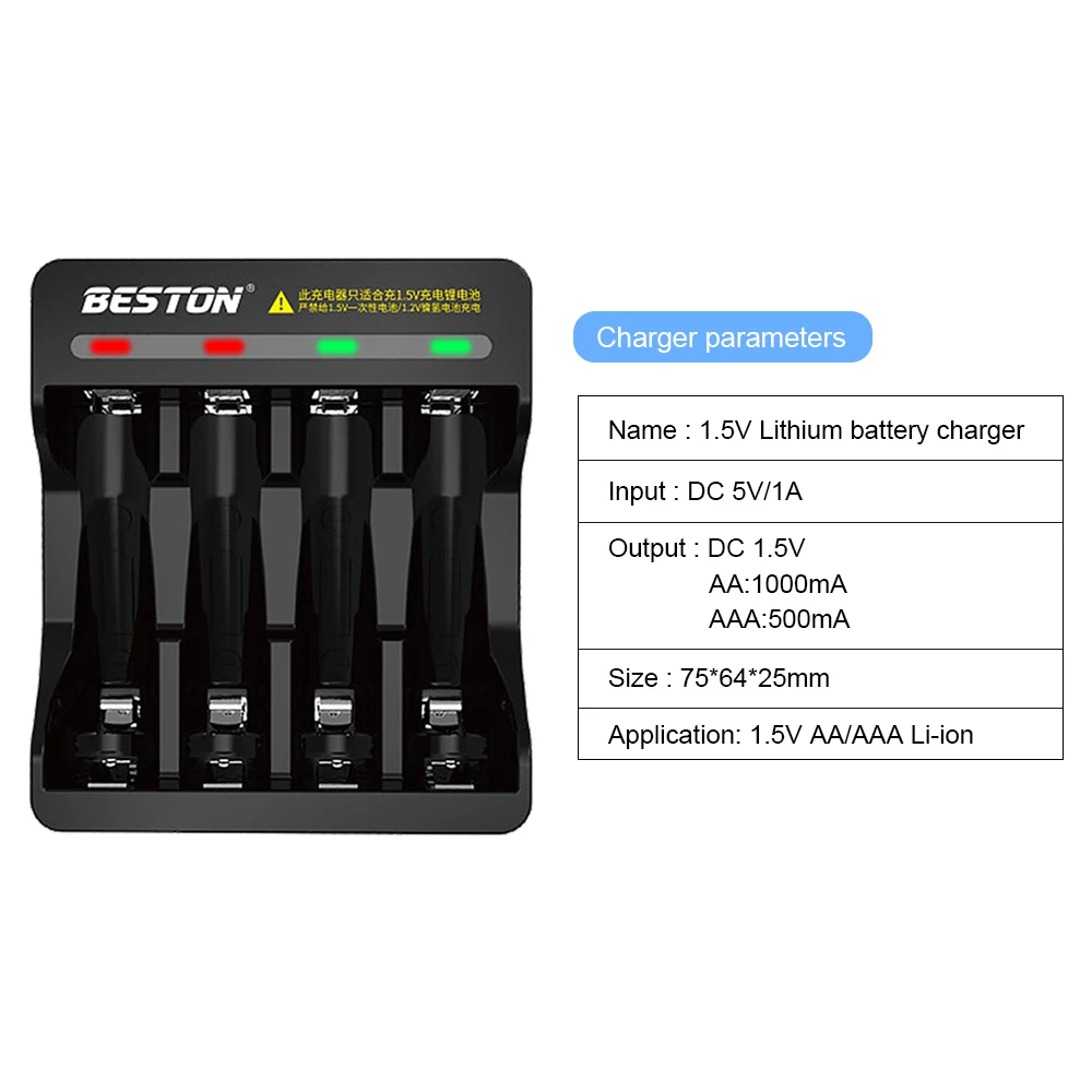 4 Bay 1.5V AA AAA Lithium Battery Charger with Fast Charging Function for Li-Ion AA AAA Rechargeable Battery With USB