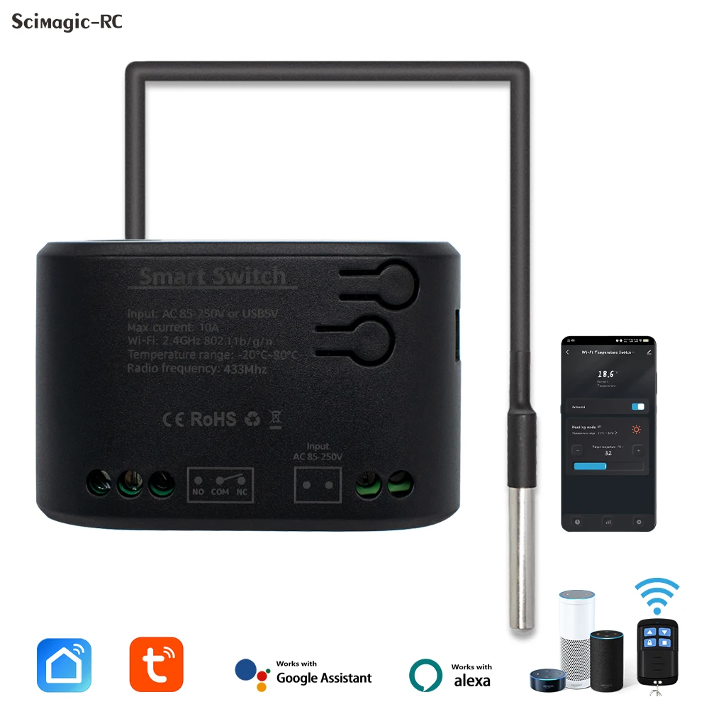 

Tuya WIFI Smart Switch Temperature Sensor 10A AC DC 12V 24V 220V RF Timer Temperature Monitor Relay Voice Controller Alexa