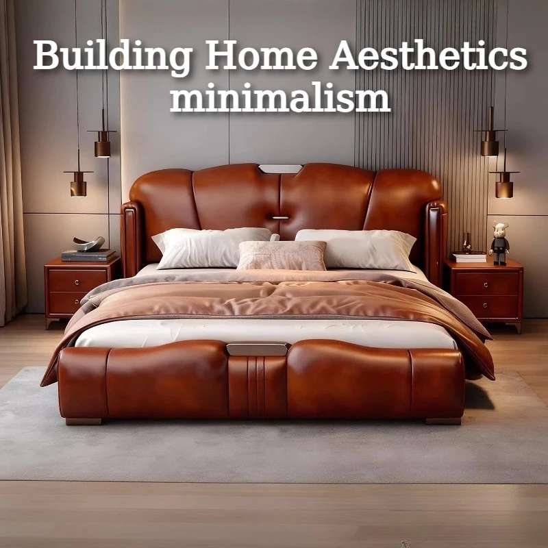 

Двуспальная кровать из кожи наппа в скандинавском стиле, кровать для двоих, прикроватная тумбочка с ящиками, полный комплект мебели для гостиничной спальни