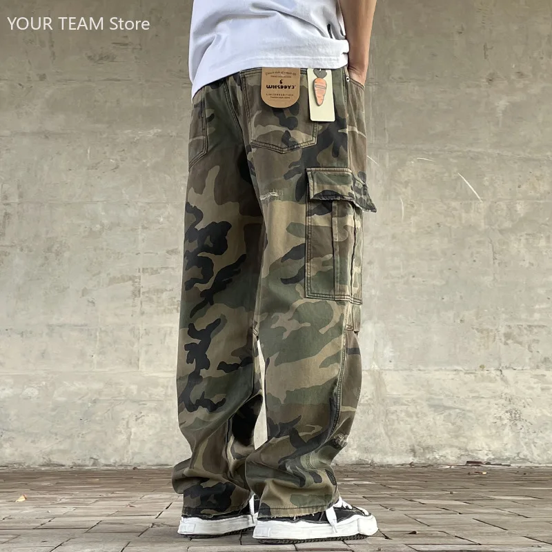 Street Retro Loose Straight Camo Cargo Pants ForMen HiphopStreetwear Heavy Washed Handmade Patch DistressedTrendy Military Pants