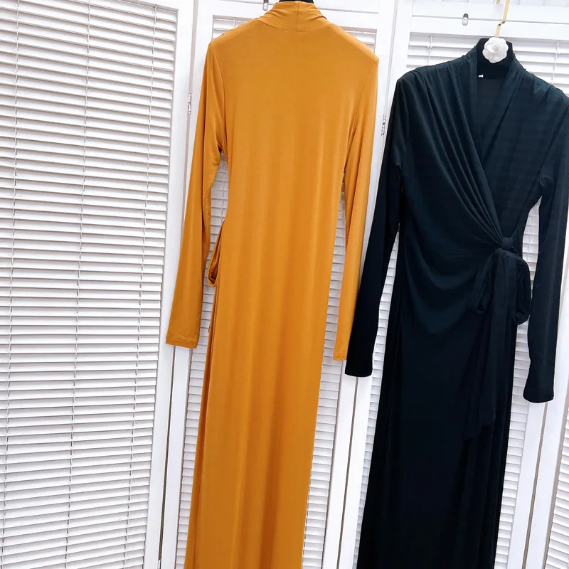 Elegant Vintage V-neck Pleated Dress for Women 2024 Spring New High-end Sexy Ladies Slit Long Sleeve Mid-length Dresses