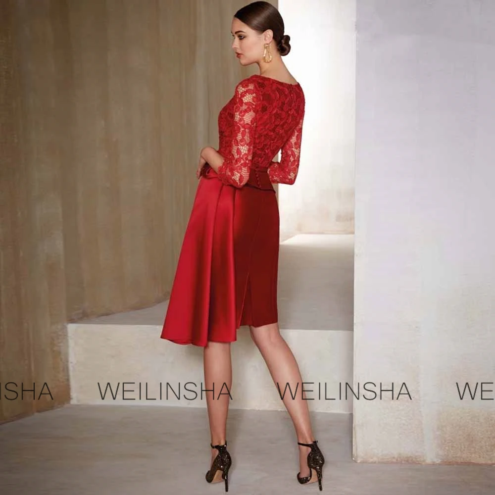 Formal Women's Cocktail Dresses 2025 Satin Sheath/Column Wedding Guest Dress Red O-Neck Lace Draped Button Groom's Mother Dress