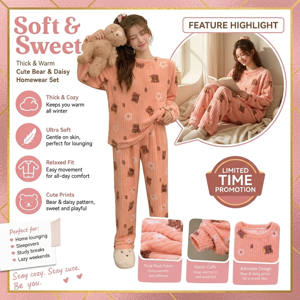  Women's Coral Fleece Sleepwear Cardigan Long Sleeve Long Pants Home Clothes Sweet Style Autumn Winter Thickened Home Clothes
