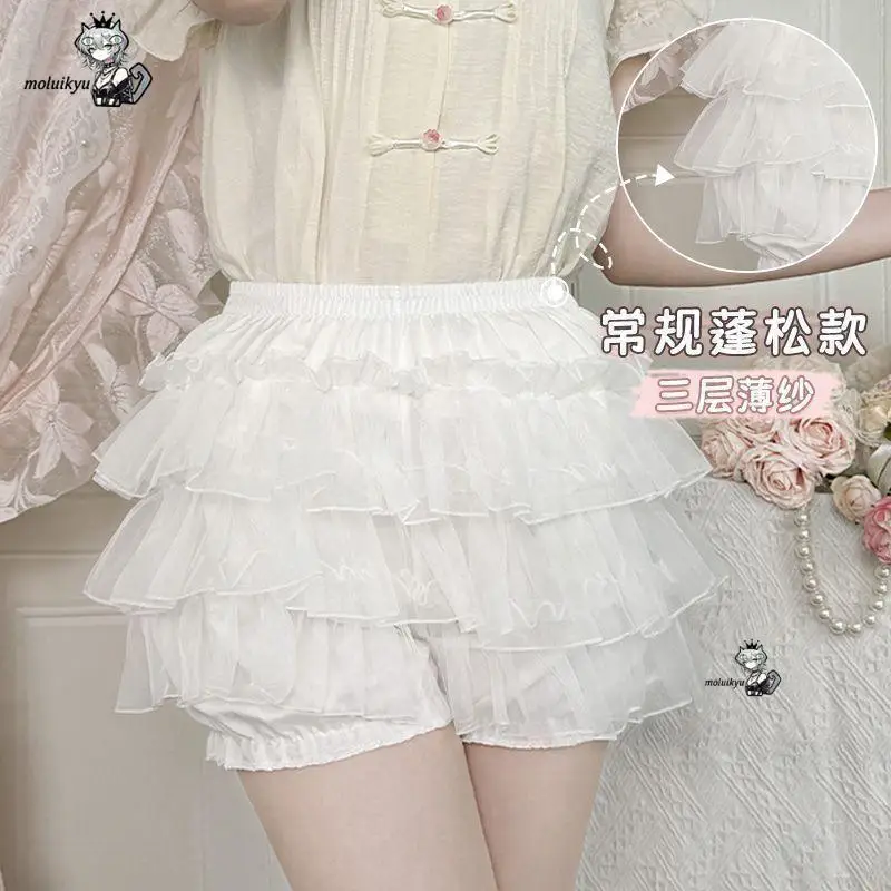 Harajuku Kawaii White Ruffles Pumpkin Pants Women Cute Lace Bow Lolita Safety Short Pants Vintage Victorian Bloomers Leggings - view 2