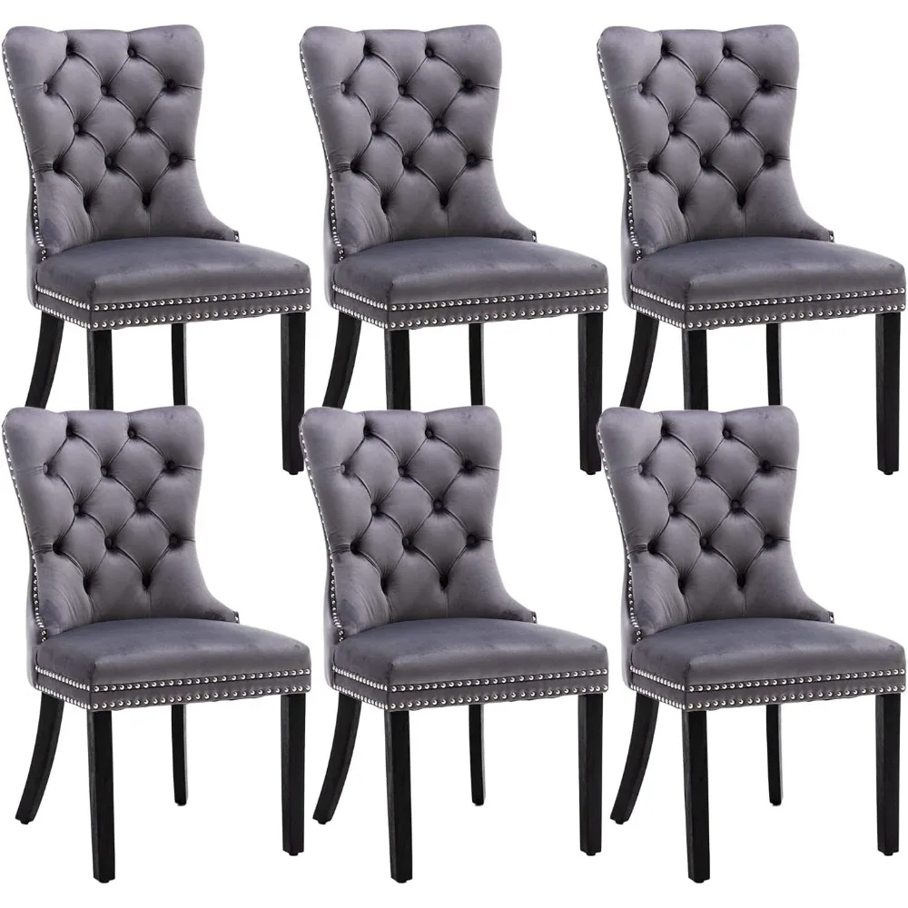 

Velvet Dining Chairs Set of 6, Tufted Dining Room Chairs with Nailhead Ring Pull Trim, Upholstered Dining Chairs with Solid Wood