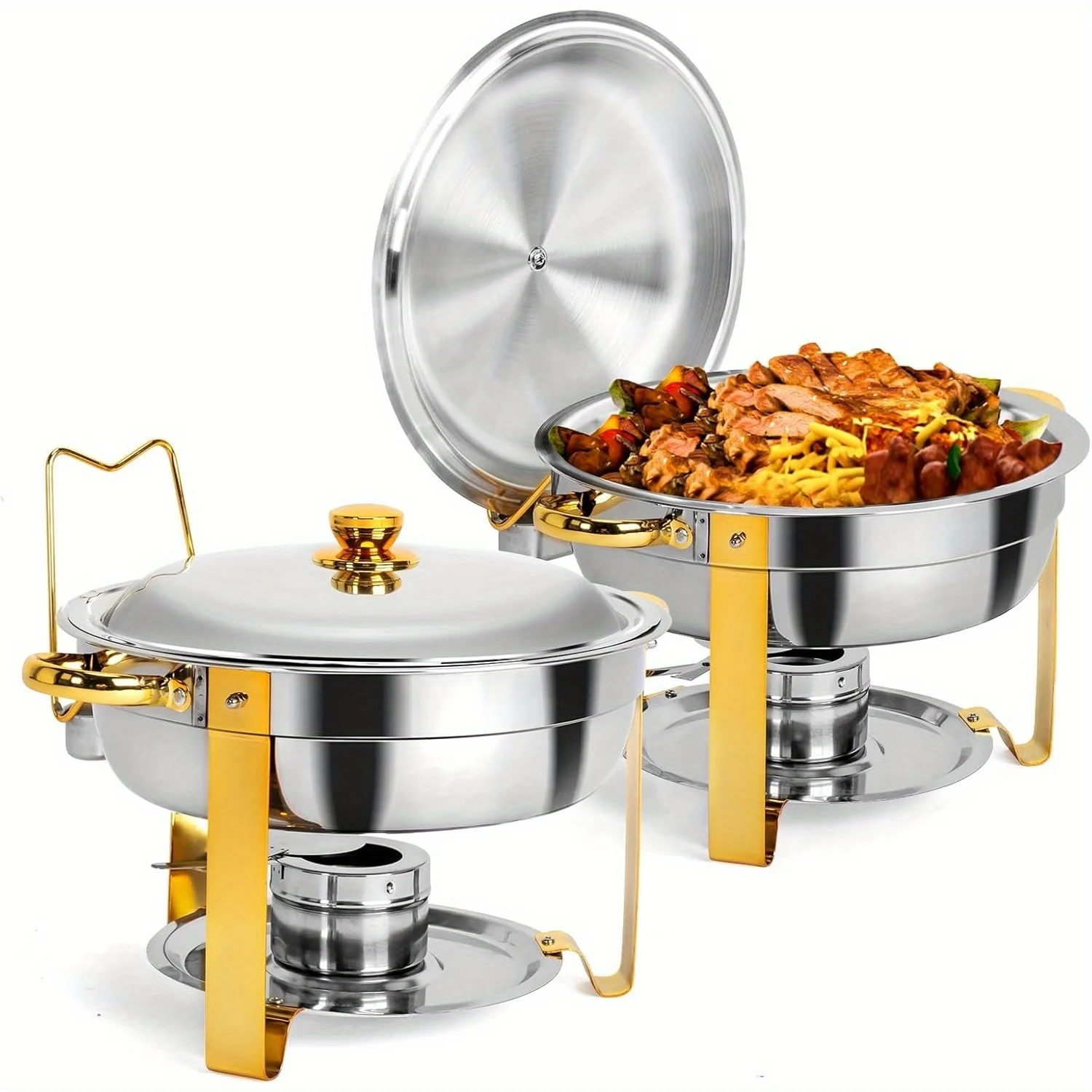 

MATLADIN Golden Chafing Dishes for Buffet, 5 Qt 4/6/8 Pack Round Stainless Steel Chafing Dish Set with Lid Holder, Buffet Warmer