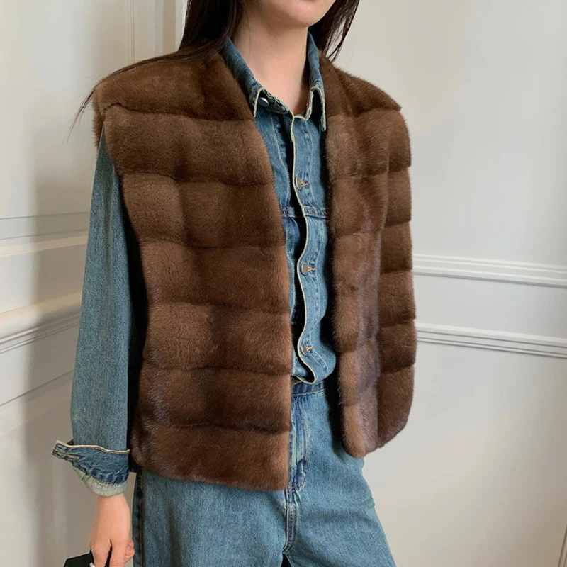 High End Mink Fur Sleeveless Jacket For Women Classic Imported Warm 100% Fur Vest Horizontal Bar V-neck Fourrure Casaco de Pele