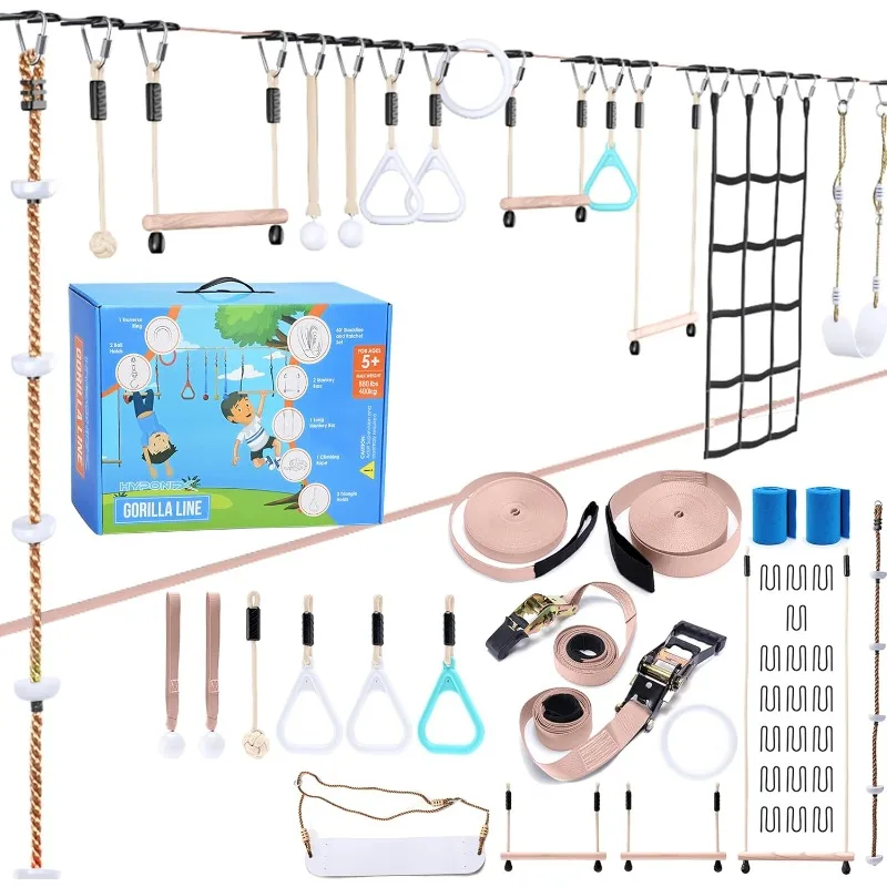 Obstacle Course for Kids up to 880 Lbs - 2 x60 ft - W/Bottom line &13 Obstacles | Weatherproof | Easily Setup on Trees or Posts