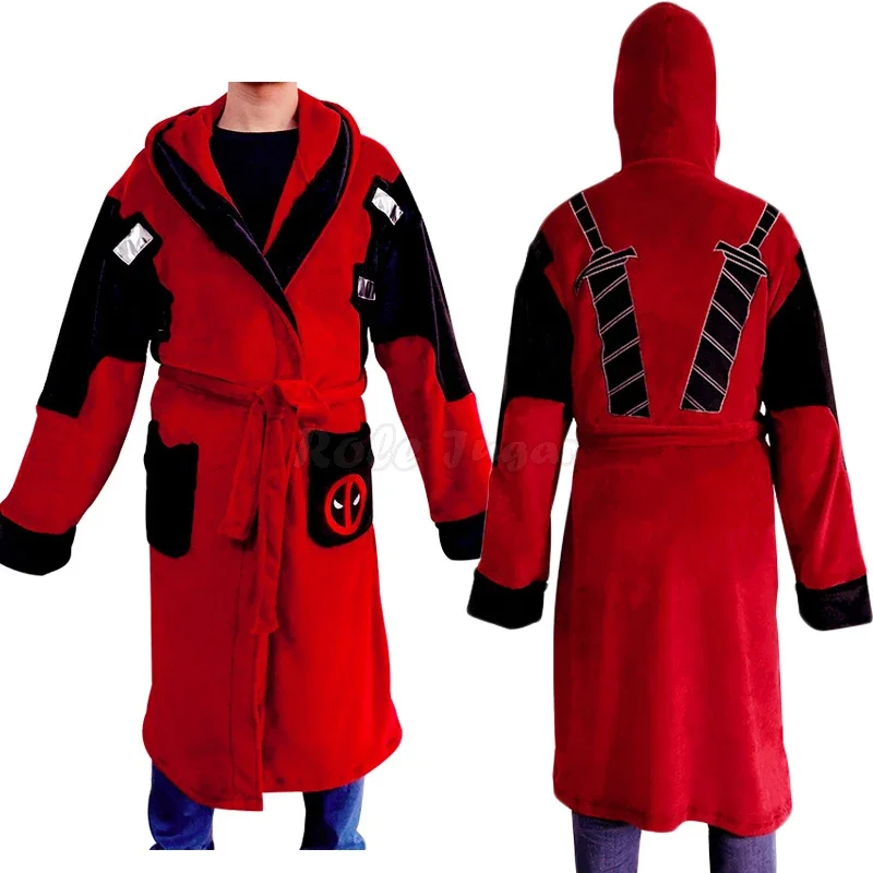 Movie Deadpool Bathrobe Cosplay Costume Men Women Halloween Christmas Flannel Hooded Pajamas Sleepwear C95M152