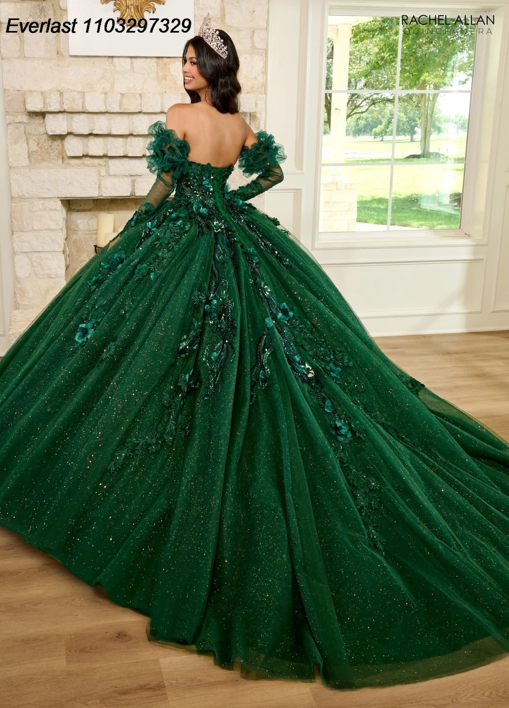 EVLAST Customized Emerald Green Quinceanera Dress Ball Gown Floral Applique Beading Corset Sweet 16 Vestido De 15 Anos TQD484