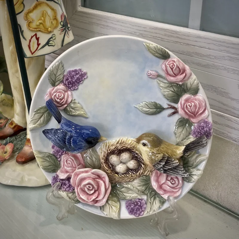 3D Red Rose & Bird Porcelain Decorative Wall Plate 1