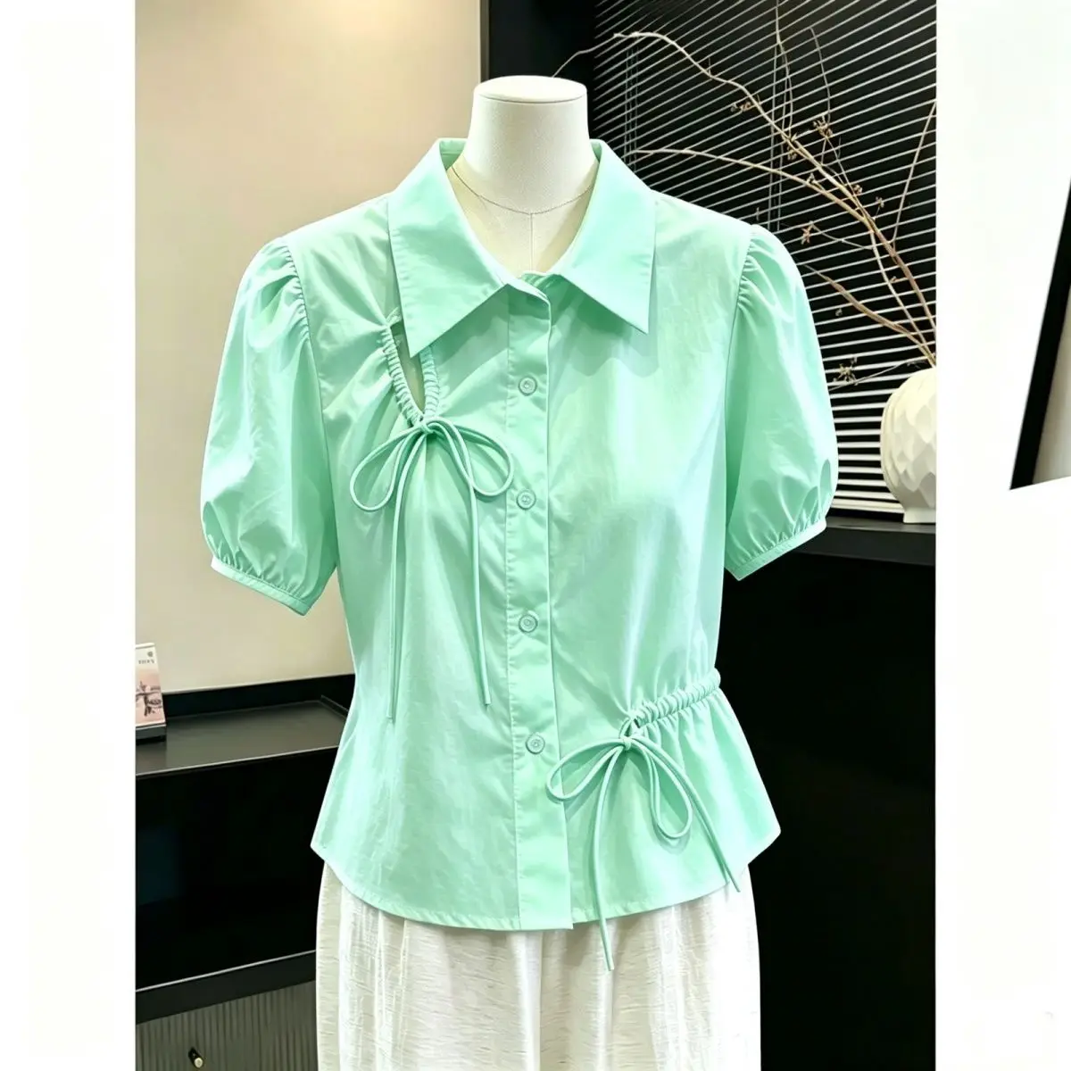 

Women's Bubble Sleeve Shirt Bow Knot Short Design Summer New Style Versatile Top Knot Drawstring Casual Shirt