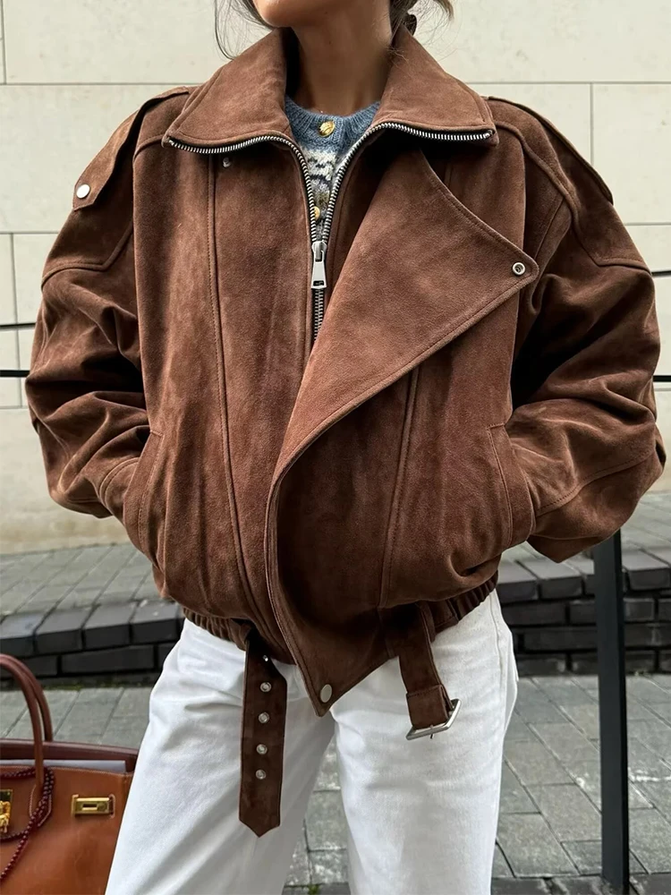 

TFMLN женская замшевая куртка 2200, осень-зима, Новое поступление, женское модное пальто на молнии, повседневная куртка с карманами