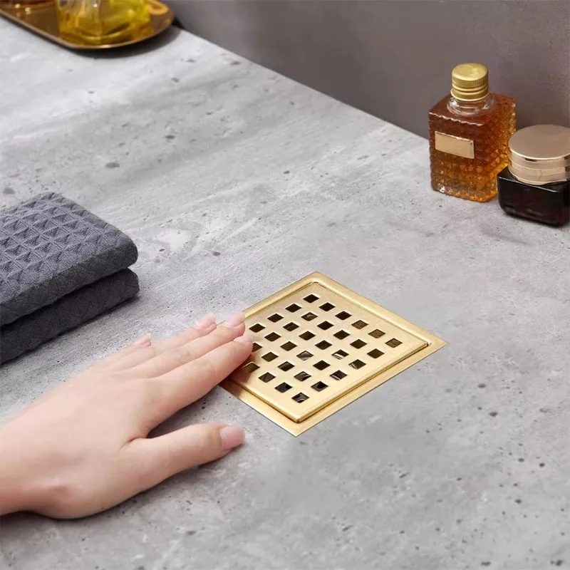 

Профессиональный 4-линейный слив для душа, современный прямоугольный слив для пола из нержавеющей стали, матовое золото, съемная решетка для волос, ванная комната