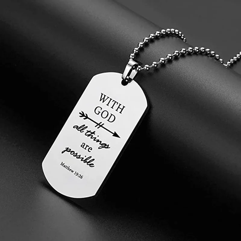 Baptism Gift Stainless Steel Dog Tag Bible Verse Pendant Necklace for Mens or Boys Birthday Valentine's Day Jewelry Gift