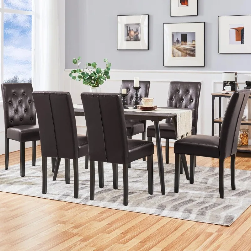 Set of 6 Dining Chairs Kitchen Chairs with Faux Leather Surface and Rubber Wood Legs Modern Tufted Side Chairs for Dining Room,