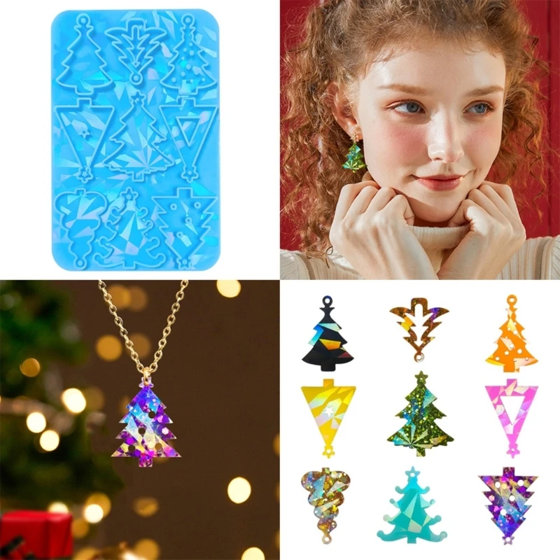 DIY 6 Cavity Holographic Christmas Tree Shape Earrings Silicone Mold with Hole Necklace Keychain Pendant Resin Ornament Mould