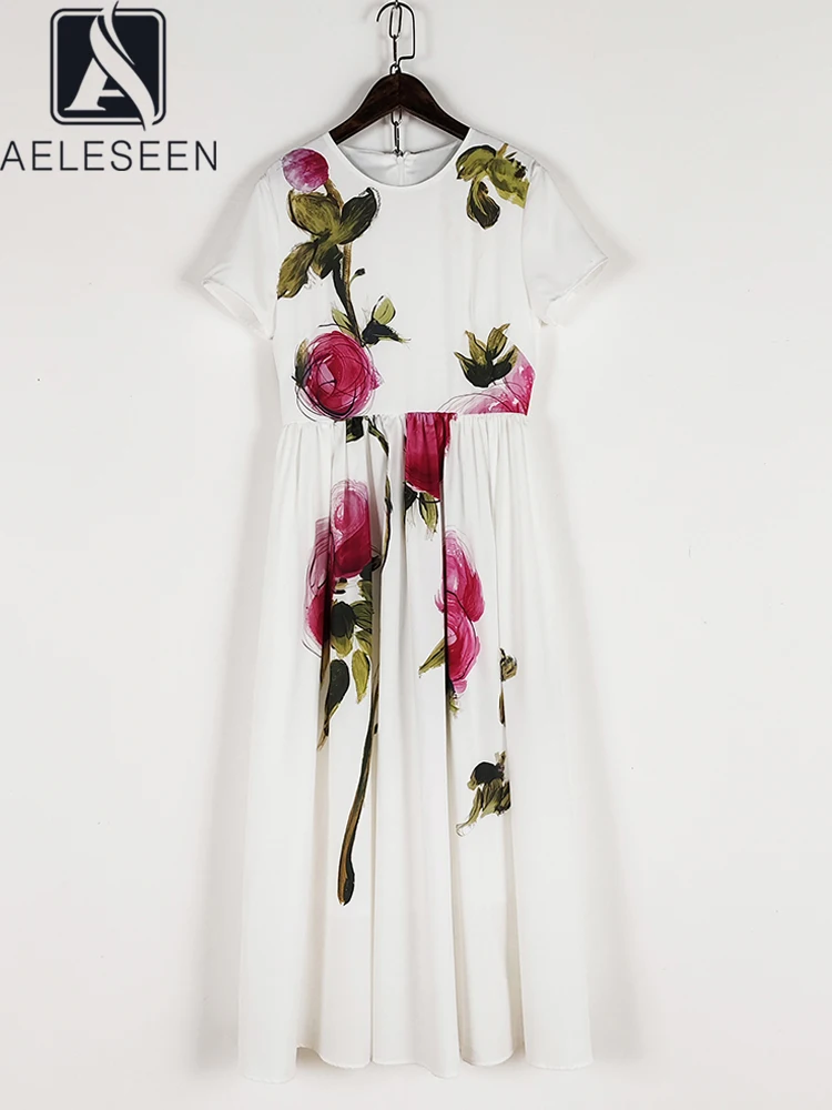 AELESEEN Runway Fashion Midi Dress Women Summer Short Sleeve Flower Print Elegant High Street Romantic Party Holiday Female