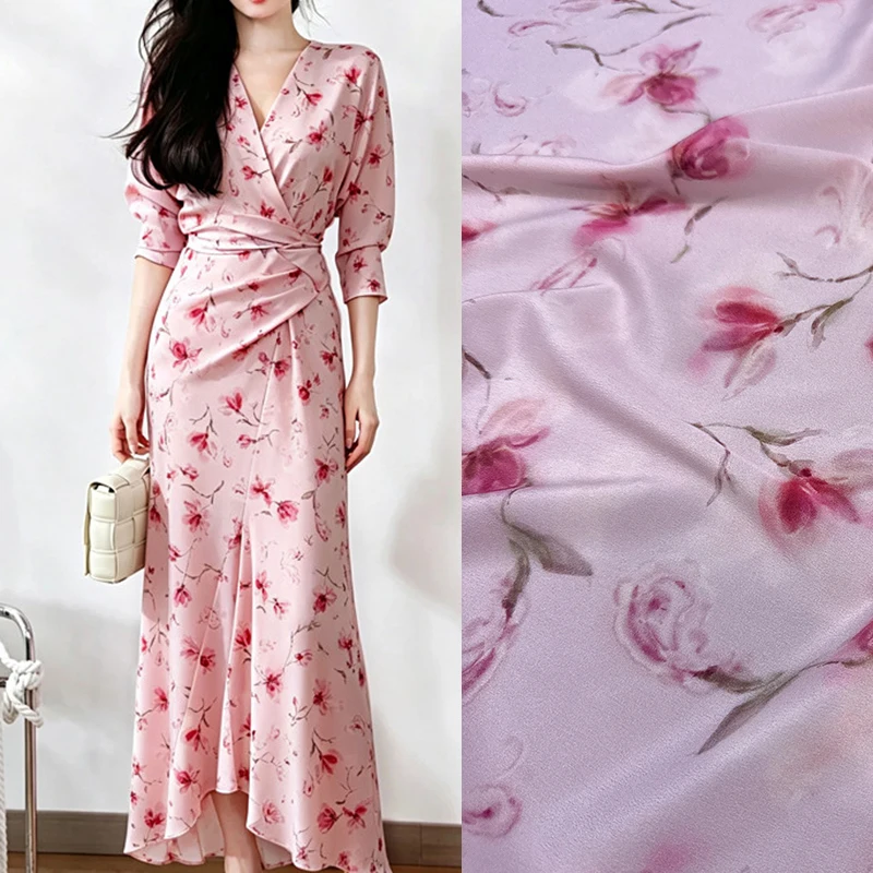 Sweet Pink Floral Printed Stretch Silk Crepe de Chine Fabric for DIY Sewing Summer Dress Pajamas Soft Silk Fabric FR7036