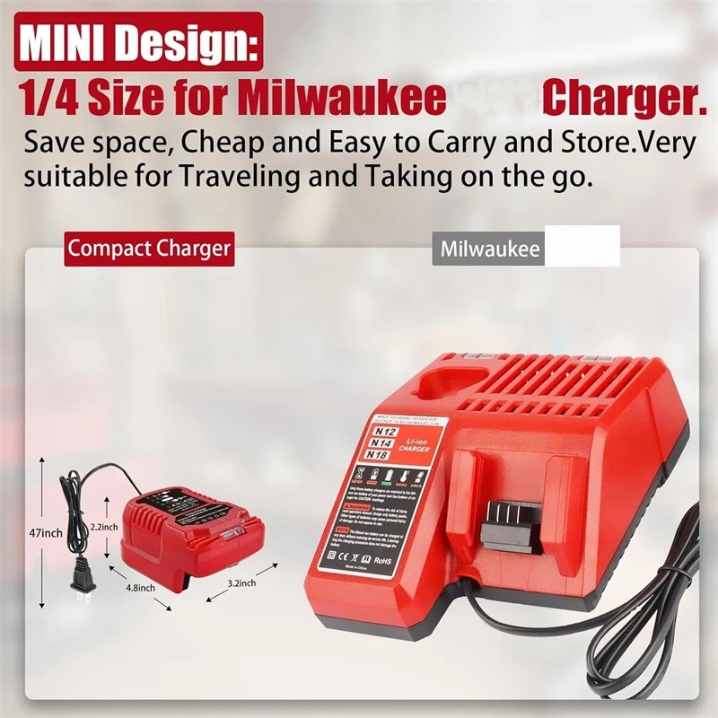 Mini Charger for Milwaukee 18V Li-ion Battery Portable Charger with LED light for 48-11-1850 48-11-1852 48-11-1862 48-11-1880