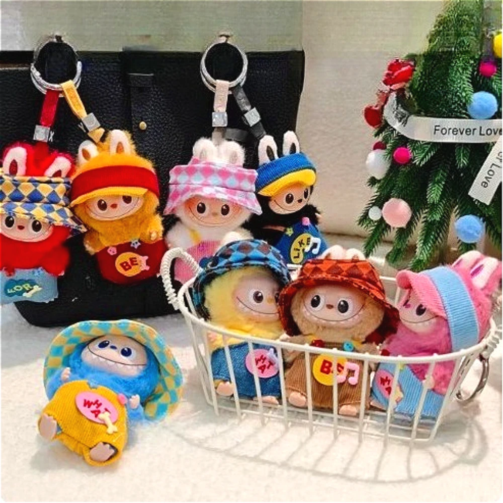 4.0 mini labubu outfits & carro de pelúcia casual wear dopamina macacão conjunto roupa brincalhão para 10.5cm boneca acessórios presente natal