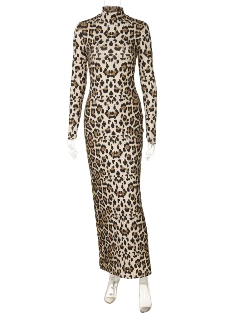 XIAOTANG estampado de leopardo cuello alto manga larga cintura alta ajustado Sexy Maxi vestido para mujer ceñido al cuerpo elegante vestido de fiesta para discoteca