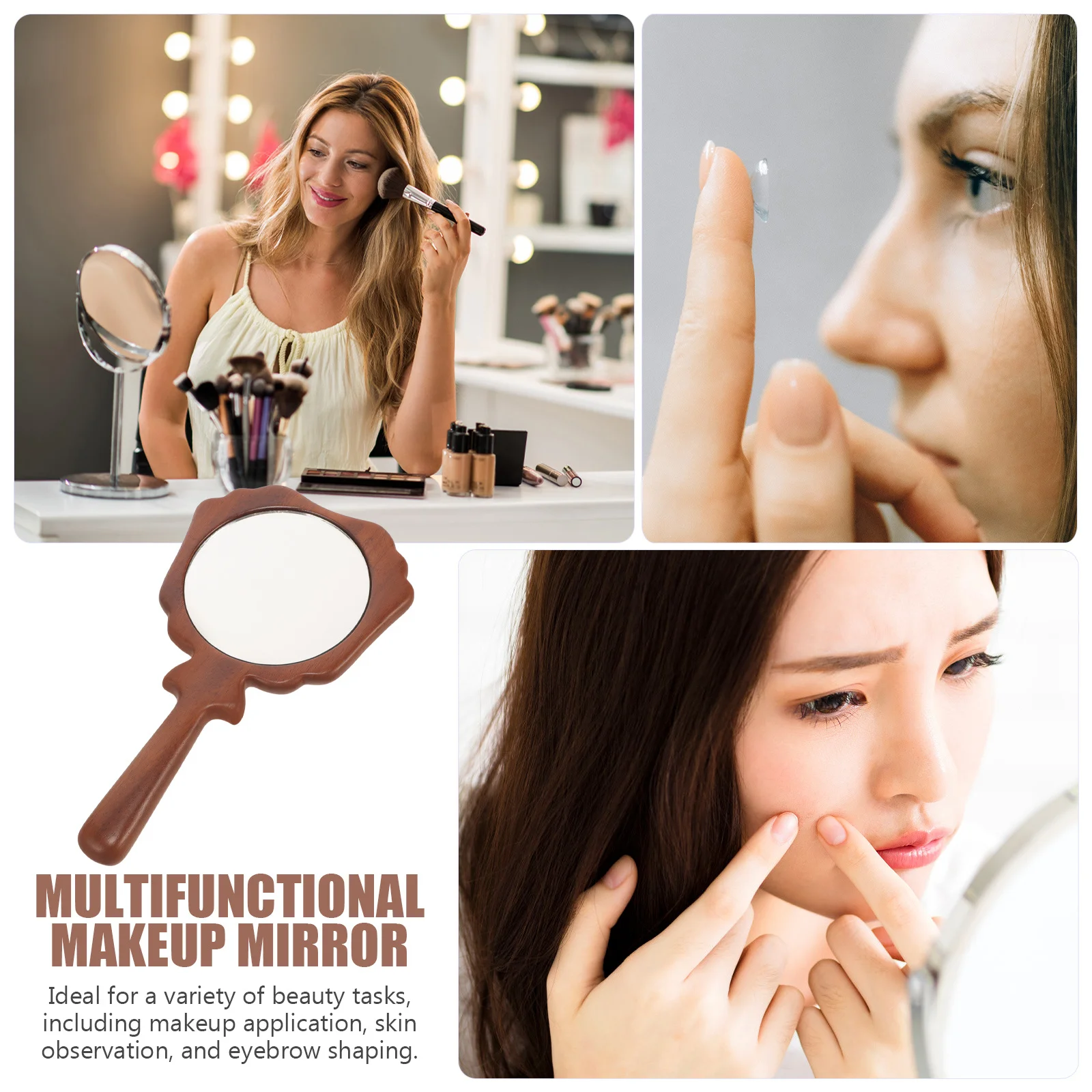 

Handheld Sandalwood Handle Mirror Clear Reflection Compact Makeup Mirror Eyebrow Shaping Travel Tool