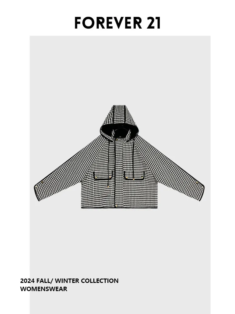 

Forever 21 Early Autumn Plaid Short Coat Women's 2026 Hat Woolen Coat Commute Style Long Sleeve for Pear Shaped Ladies