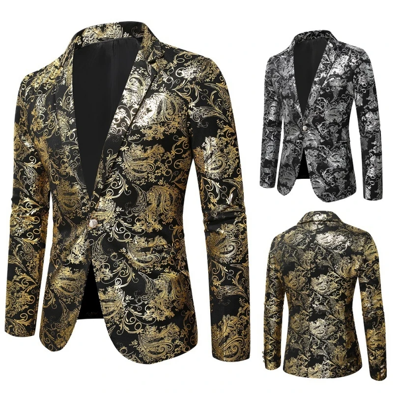 2024 Spring Men\'s Golden Floral Blazer Coats Business Casual Suit Wedding Dress Gold Blazer Men