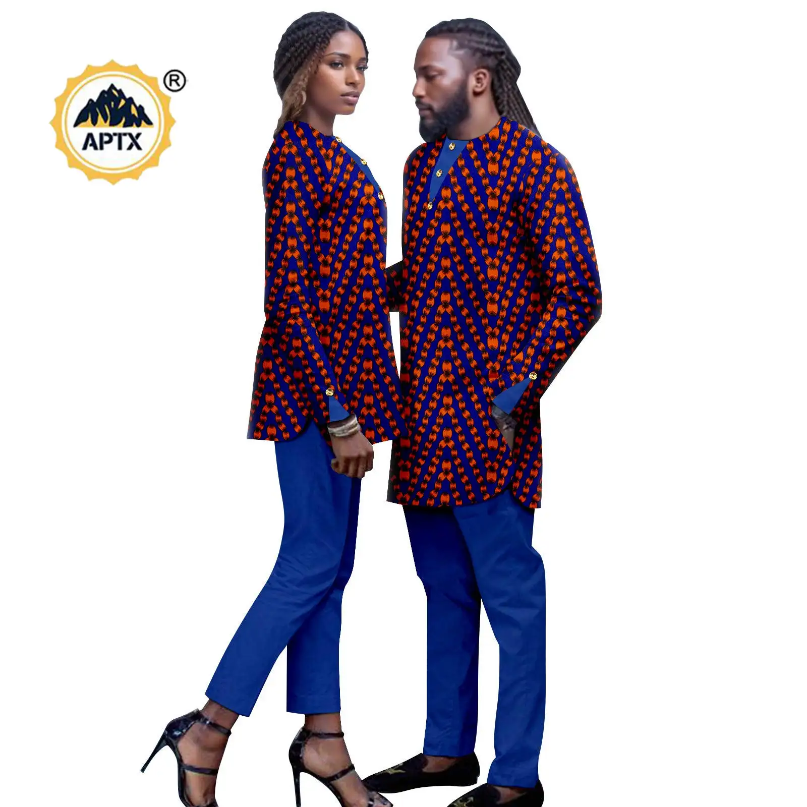 Dashiki African Print Clothes for Men Matching Couple Outfits Bazin Riche Women Ankara Button Top Shirt and Pant Sets 24C058