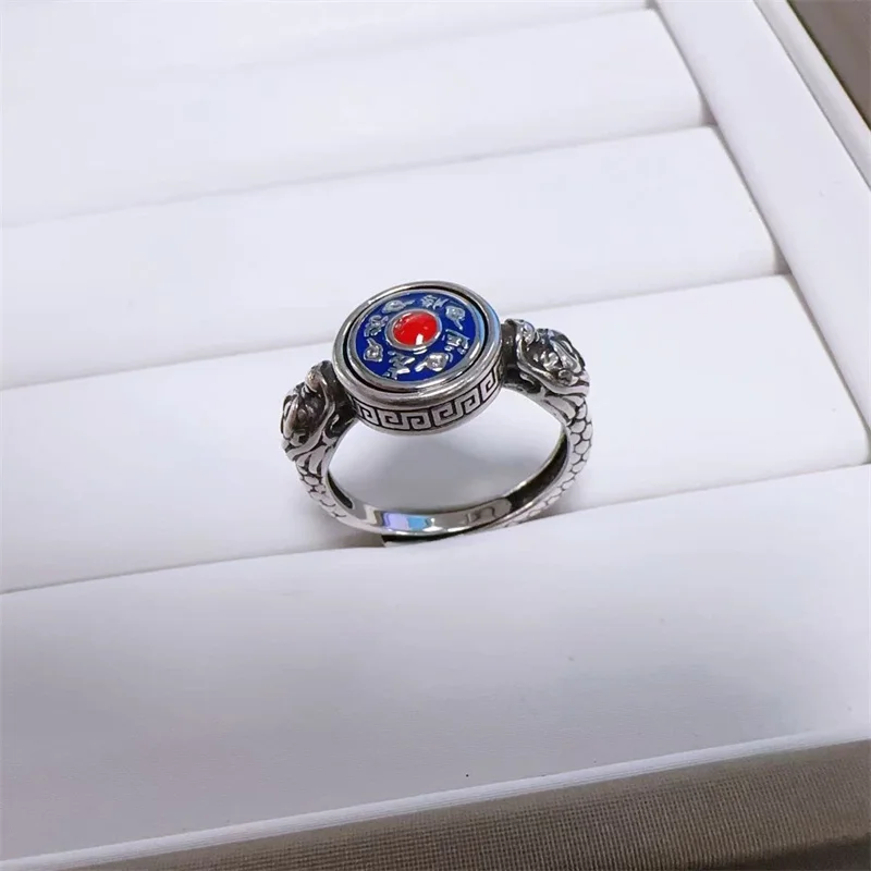 Ethnic Style Dragon Anti Stress Cool Open Rings For Men Enamel Good Luck Mantra Buddhist Talisman Ring Metaphysical Jewelry