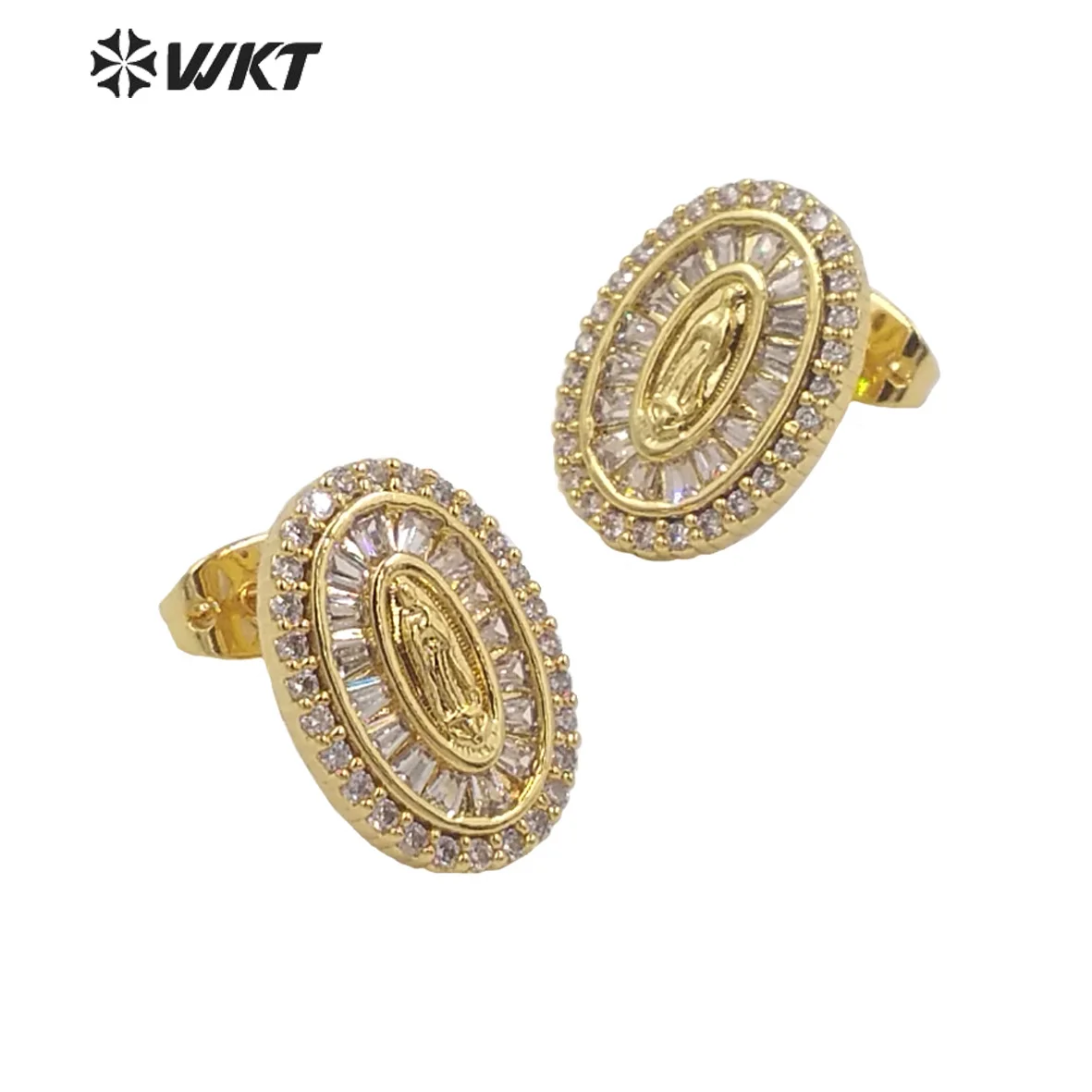 

WT-ME098 Vintage Religious Cubic Zircon Charms Yellow Brass Earring Studs For Friends Birthday Present Decent Accessories