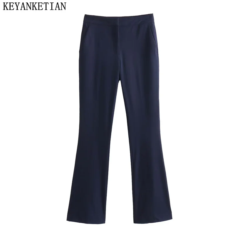 

KEYANKETIAN Autumn New Women's Bell-Bottoms Zip-Up High Waist Pockets Casual Pants Stylish Simply Office Lady Long Trousers