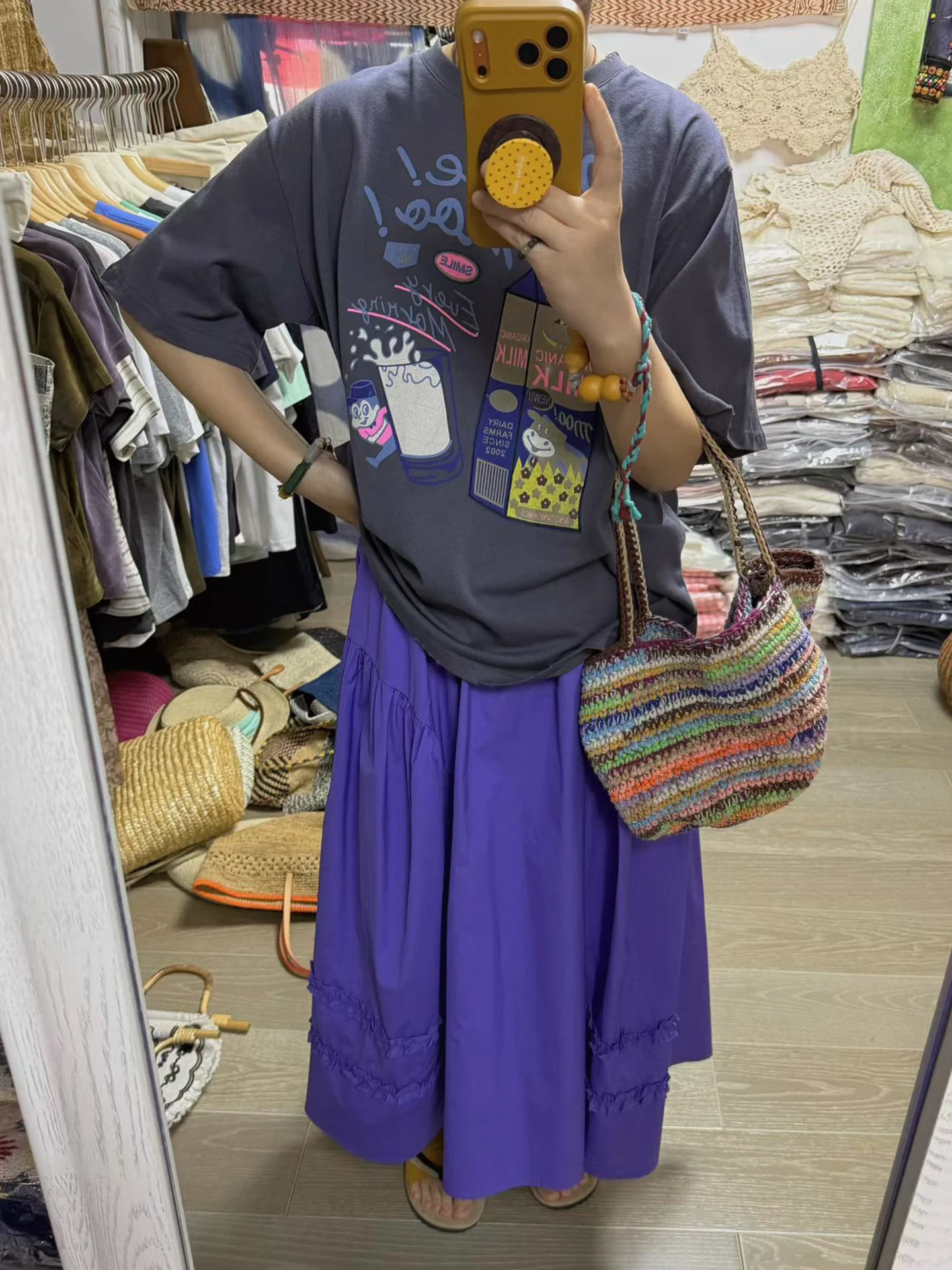 

Summer Vintage Loose Fit Short Sleeve T-Shirt Milk Cartoon Print plus Size Women's Fashion Retro Style Black Deep Grey Top