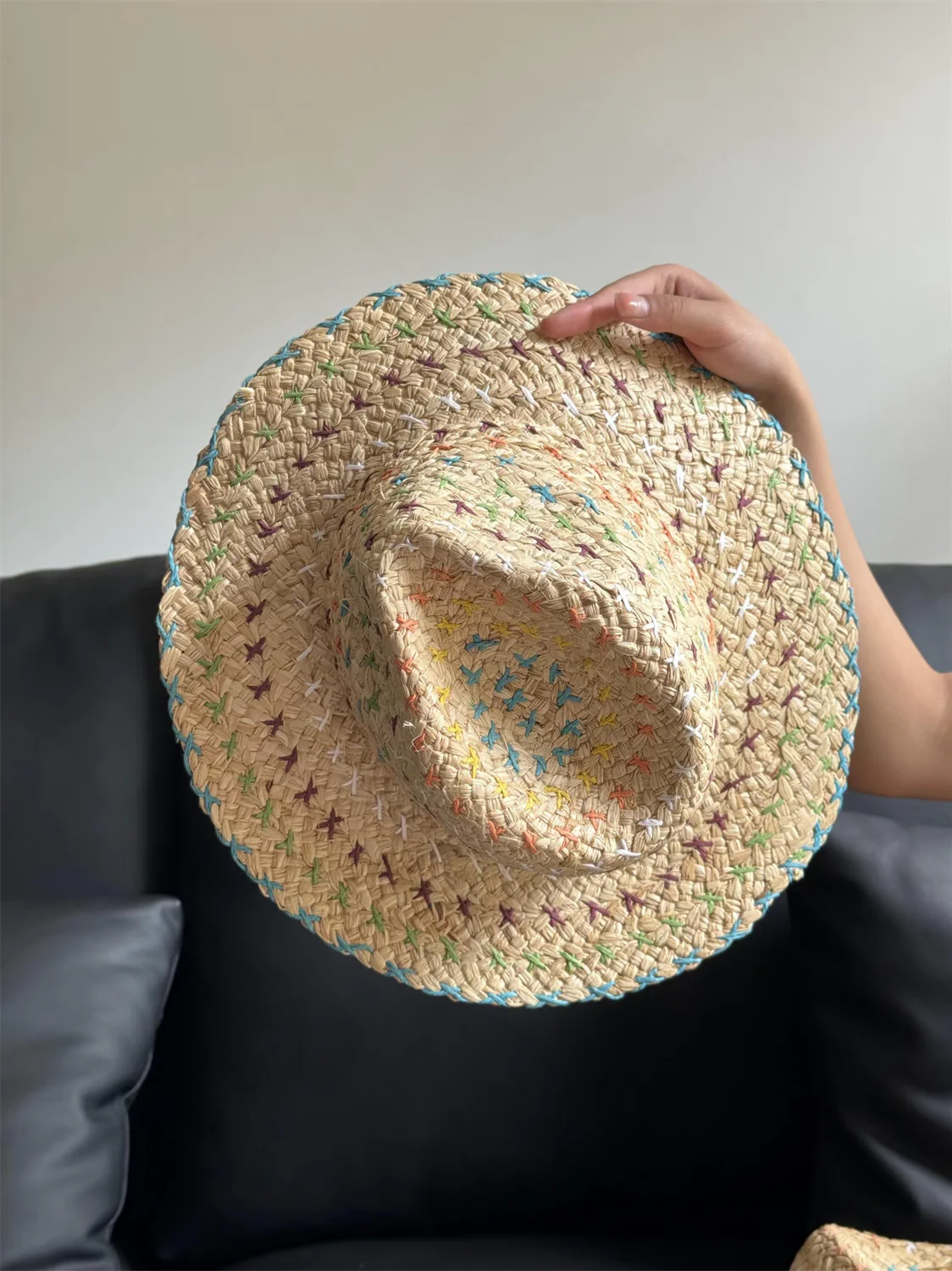 Raffia straw hat for women Bohemian colorful stitched straw hat ladies sun hat beach summer vacation panama hat панама כובע קש