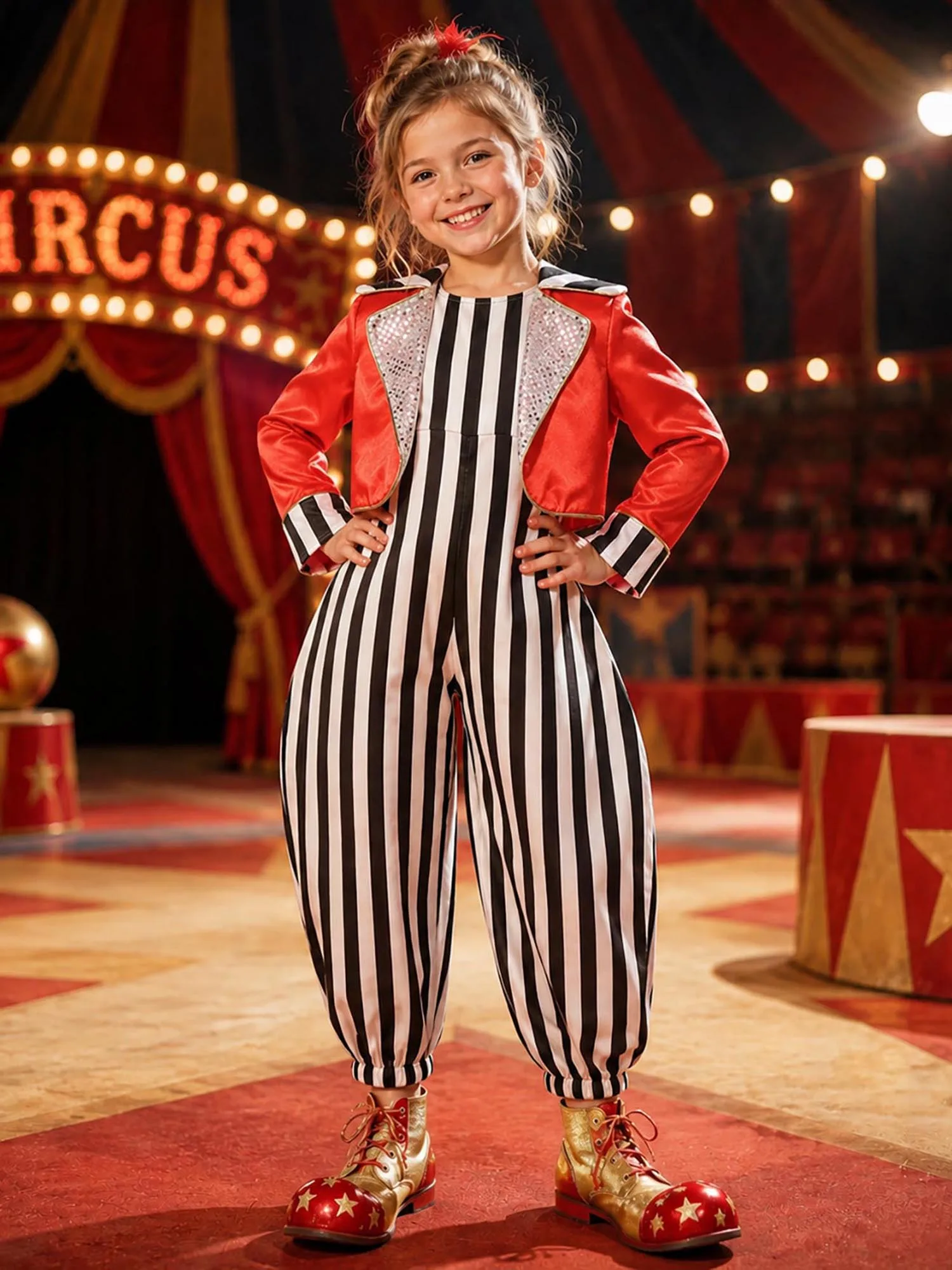 children Halloween Carnival Circus Ringmaster Clown Cosplay Performance Costume Sleeveless Striped Jumpsuit with Satin Jacket