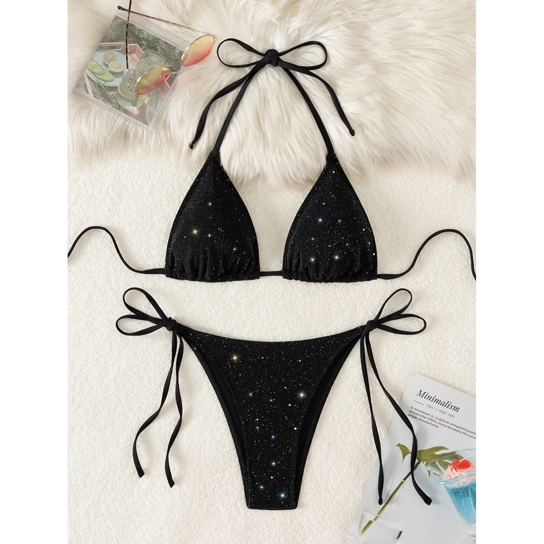Glitzernder, funkelnder Neckholder-Bikini mit hohem Beinausschnitt, Damen-Badebekleidung, zweiteiliger Bikini-Set, Badeanzug, Badebekleidung, Schwimmbekleidung V5501R – Detail 38